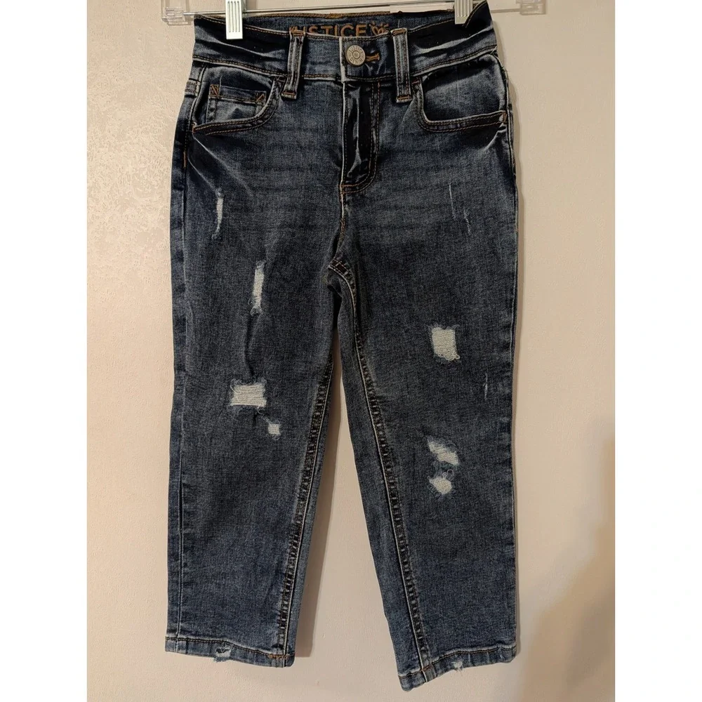 Justice Girls Mini Mom Jeans Medium Wash Distressed Denim Size 7 469821   NWT